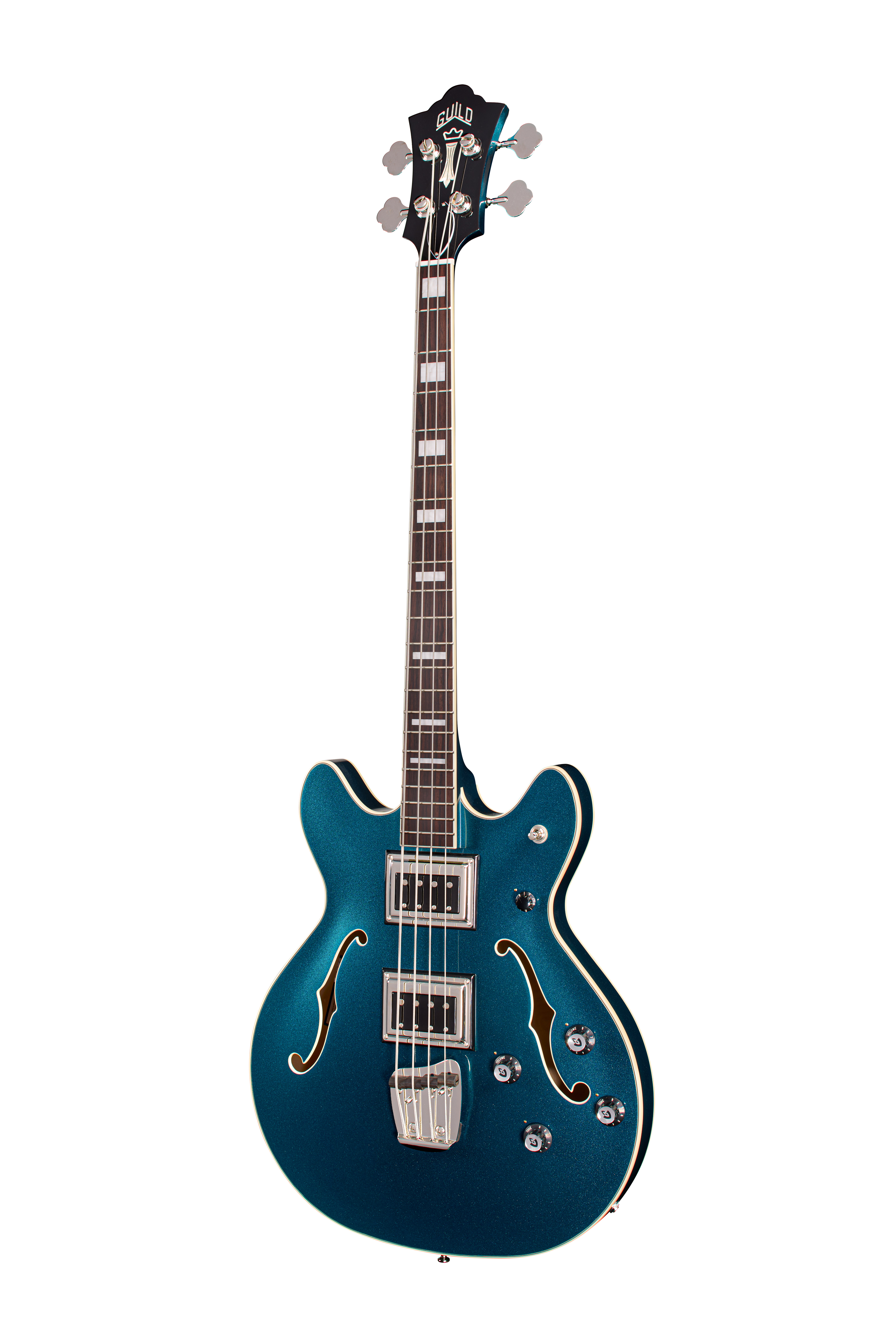 E-Bass, Halbresonanzbass, Blauer Korpus, Doppelspul-Tonabnehmer, F-Löcher